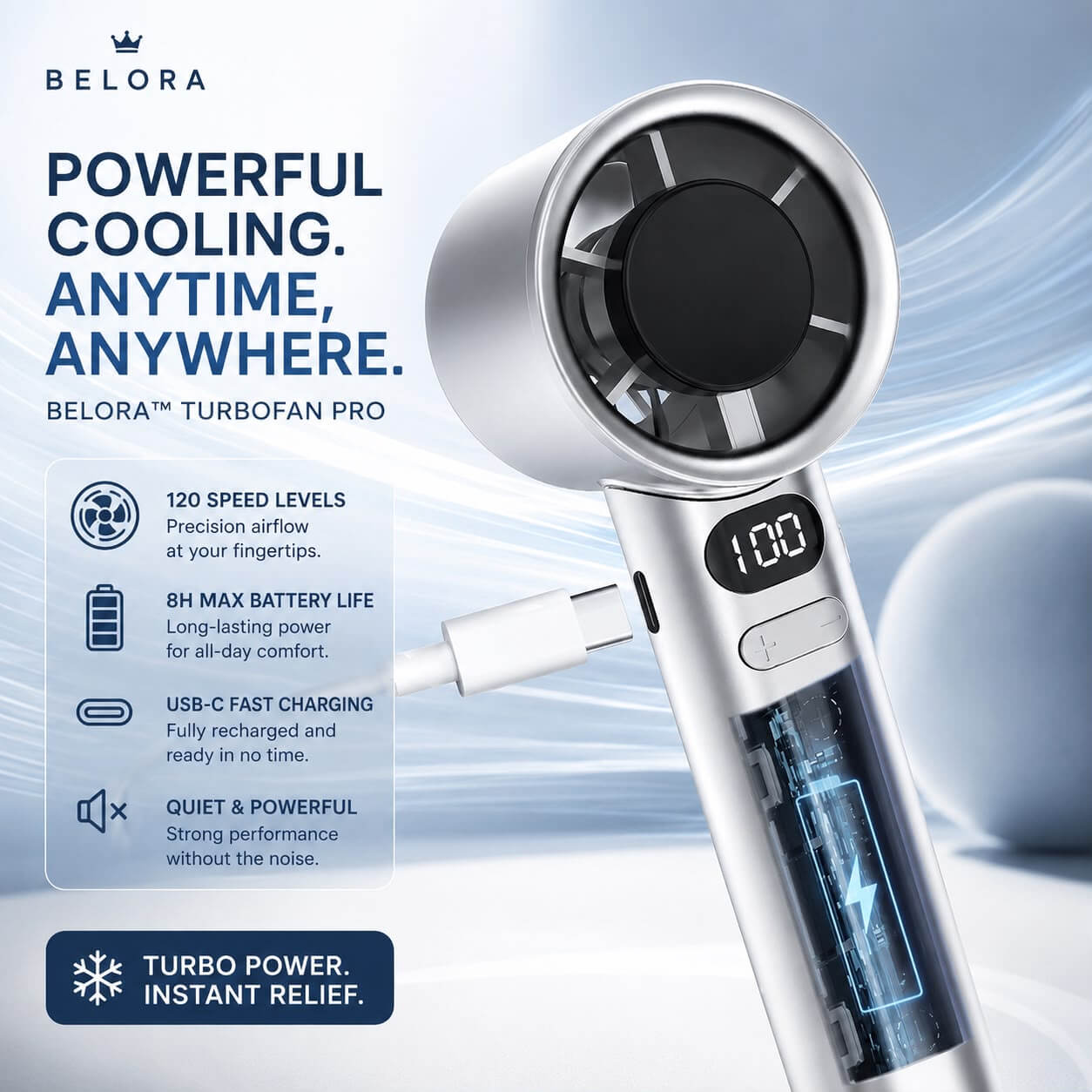 Premium aluminum portable cooling fan with digital display