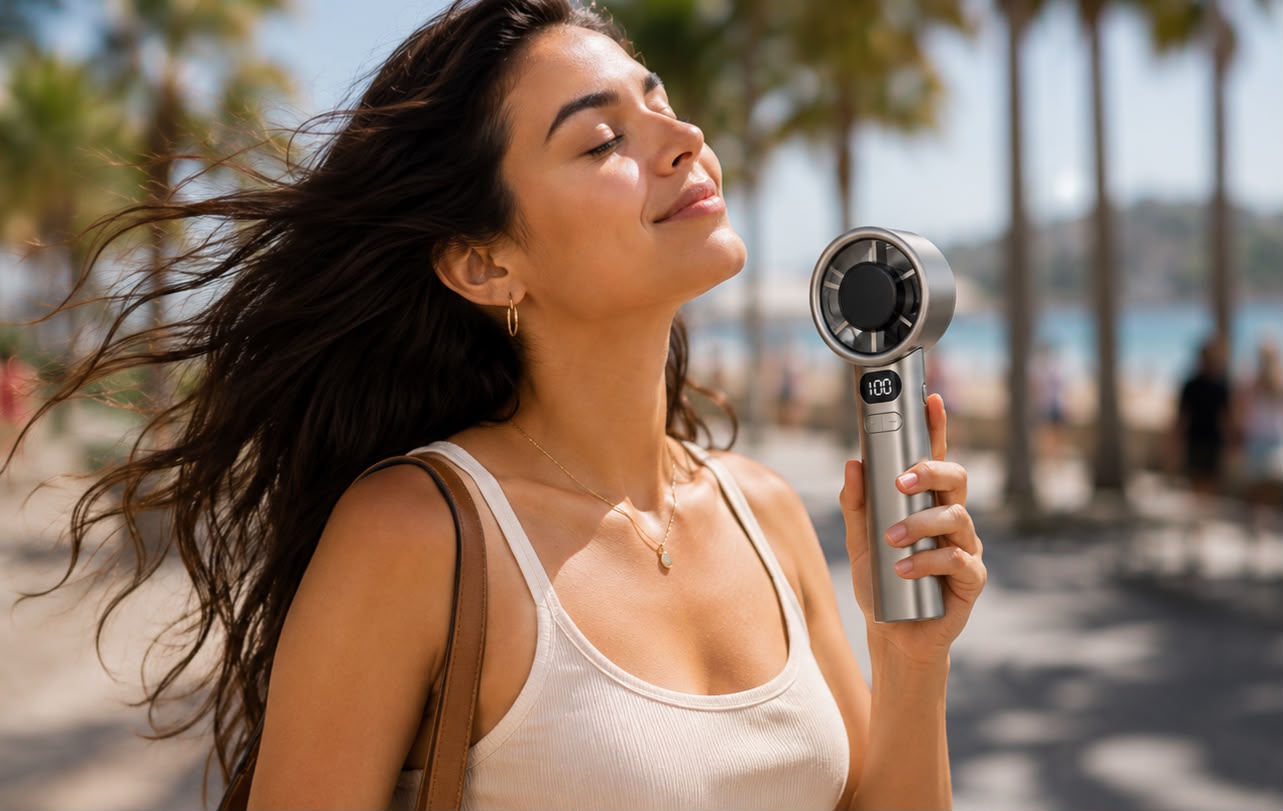 Woman enjoying instant cooling with Belora Breeze Pro portable fan