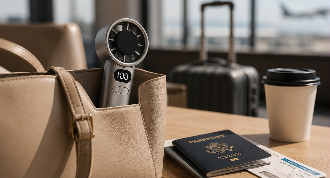 Portable handheld cooling fan inside travel bag ready for everyday carry